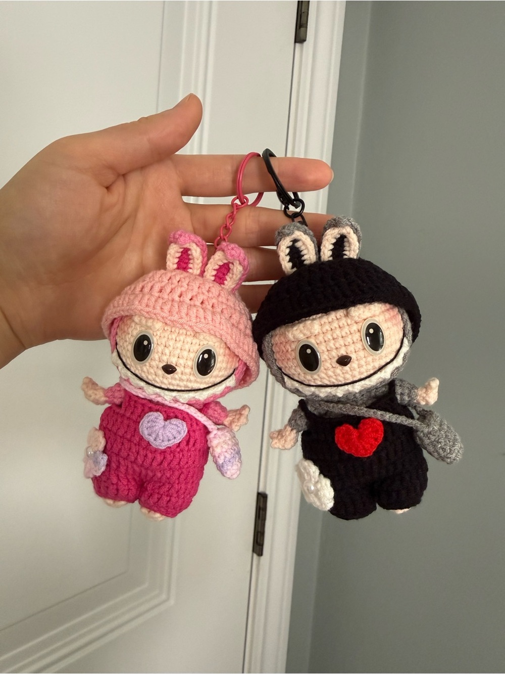 Handmade Labubu-Pink and Black Crochet Bunny Keychain charm